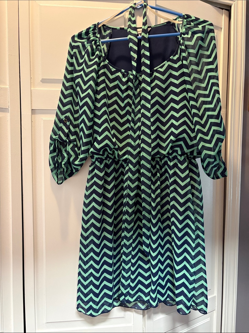 Speechless Mint and Navy Chevron Midi Dress with Tie Neck